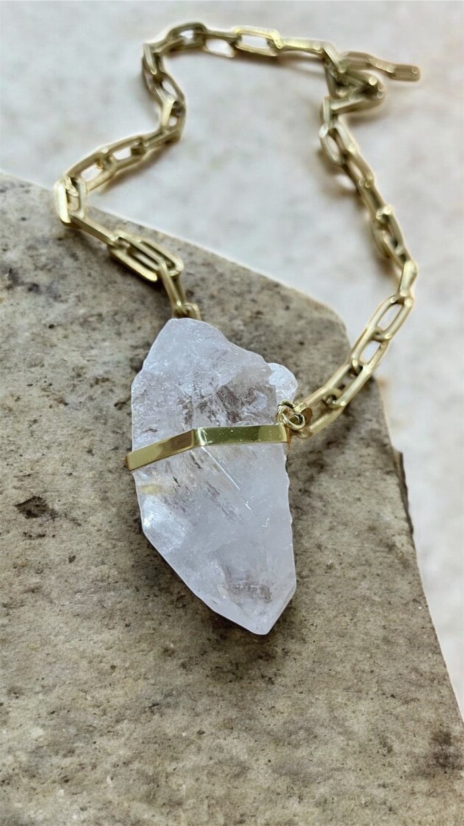 Large Clear Quartz on Single Strand of BronzeMolaNECKLACES