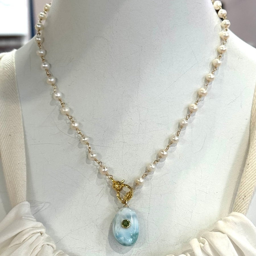 Larimar Long Oval Pendant With Peridot And White Freshwater Pearls With Pave Diamond ClaspBeth ZinkNECKLACES