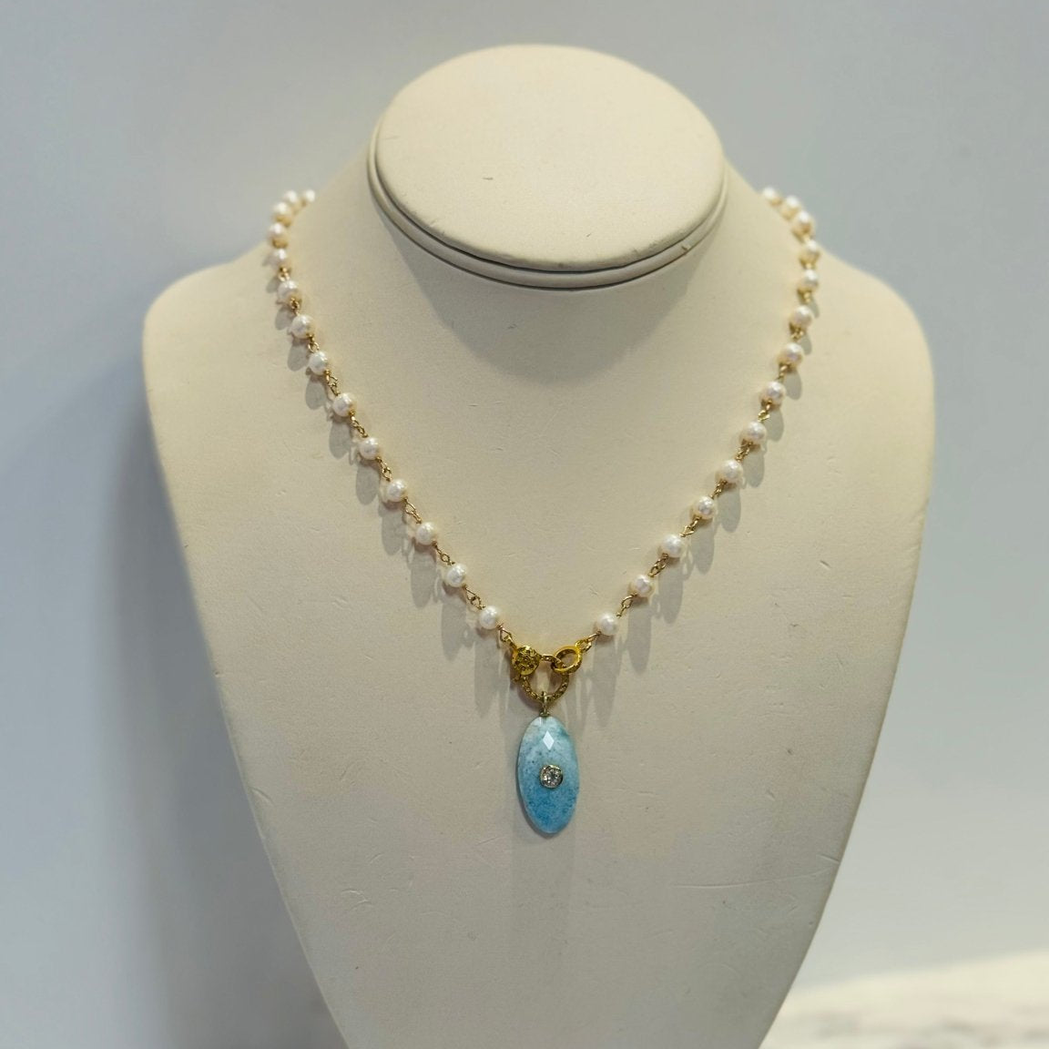 Larimar Long Oval Pendant With White Topaz And Freshwater Pearls With Pave Diamond ClaspBeth ZinkNECKLACES