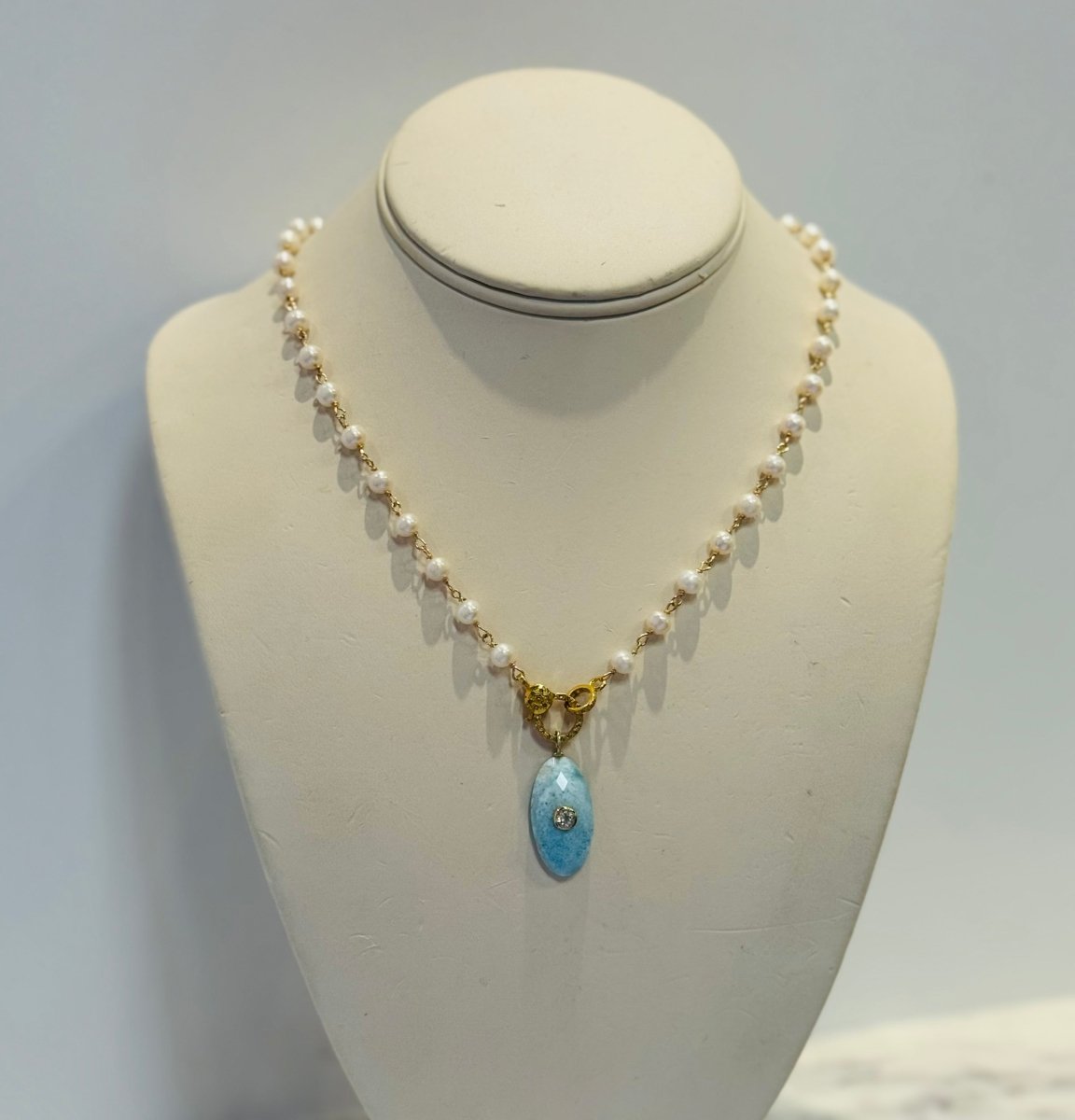 Larimar Long Oval Pendant With White Topaz And Freshwater Pearls With Pave Diamond ClaspBeth ZinkNECKLACES