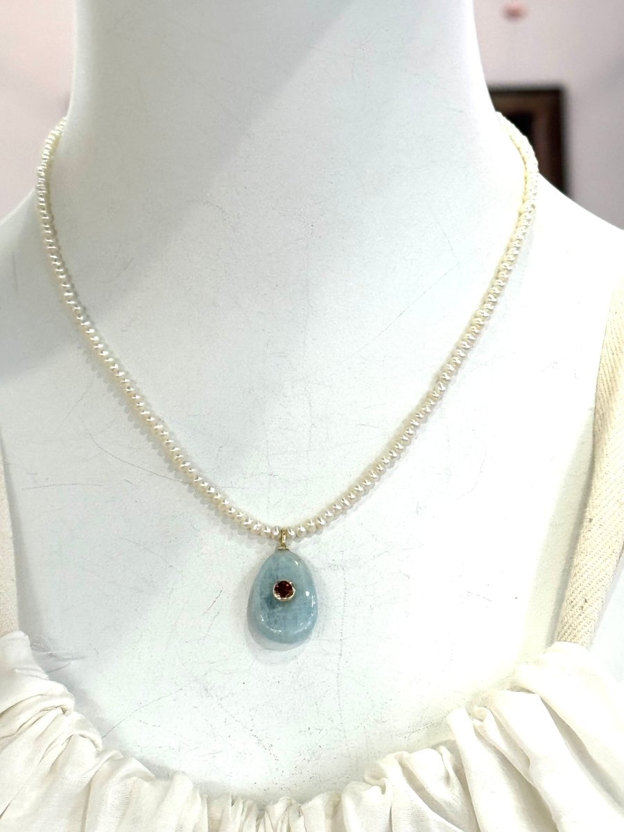 Larimar Pear Pendant With Garnet With Seed Freshwater Pearls NecklaceBeth ZinkNECKLACES