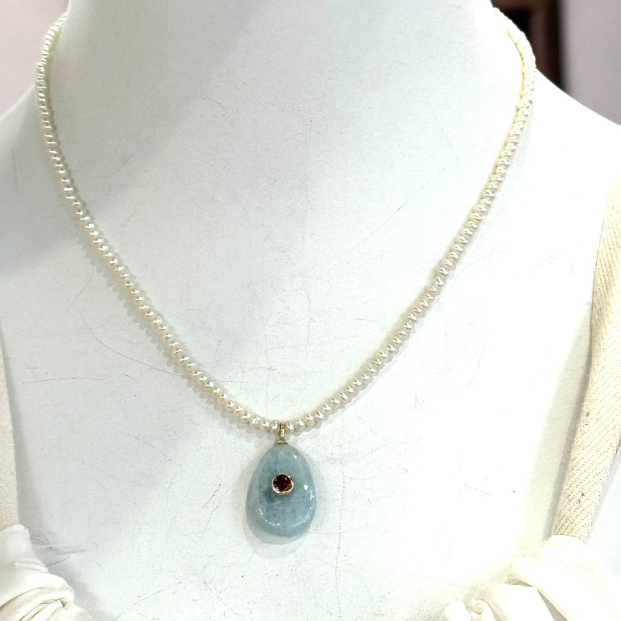 Larimar Pear Pendant With Garnet With Seed Freshwater Pearls NecklaceBeth ZinkNECKLACES