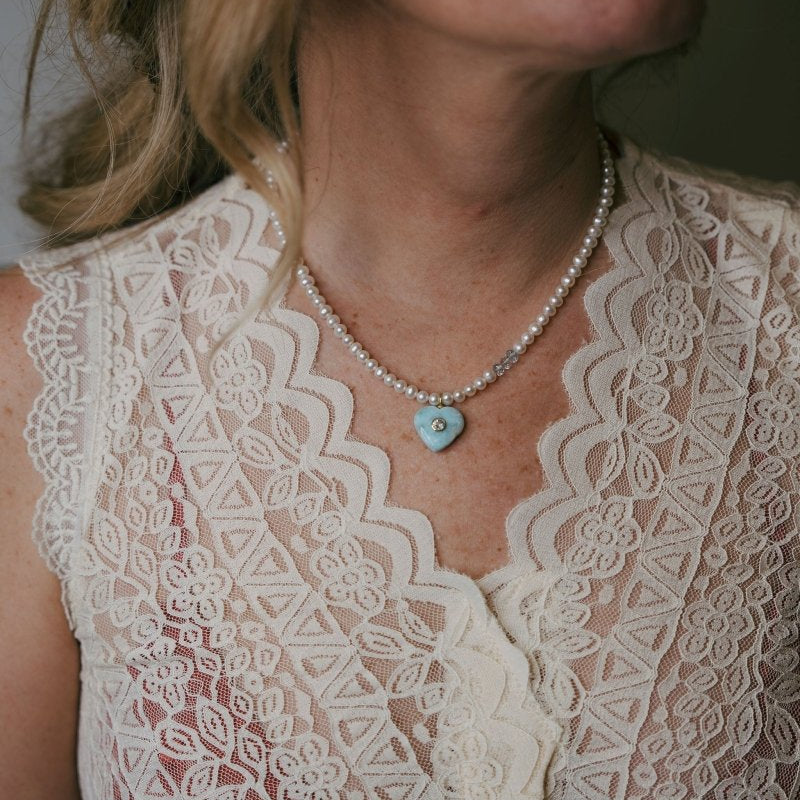 Larimar Small Heart White Freshwater Pearls NecklaceBeth ZinkNECKLACES