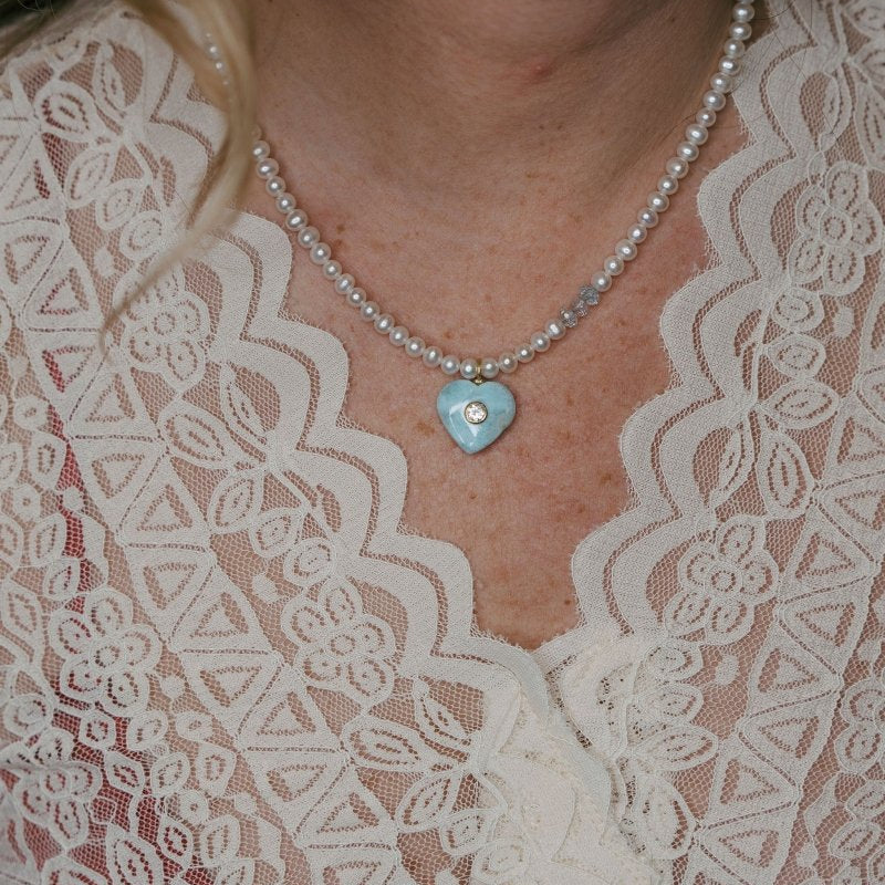 Larimar Small Heart White Freshwater Pearls NecklaceBeth ZinkNECKLACES
