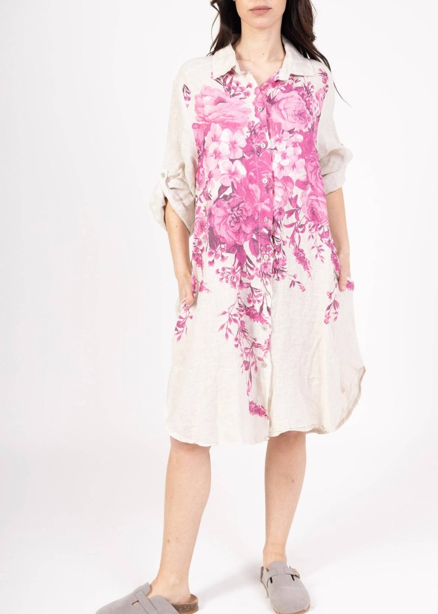 Linen shirt dress with floral print : Pinkla maison des fibres naturellesDRESS