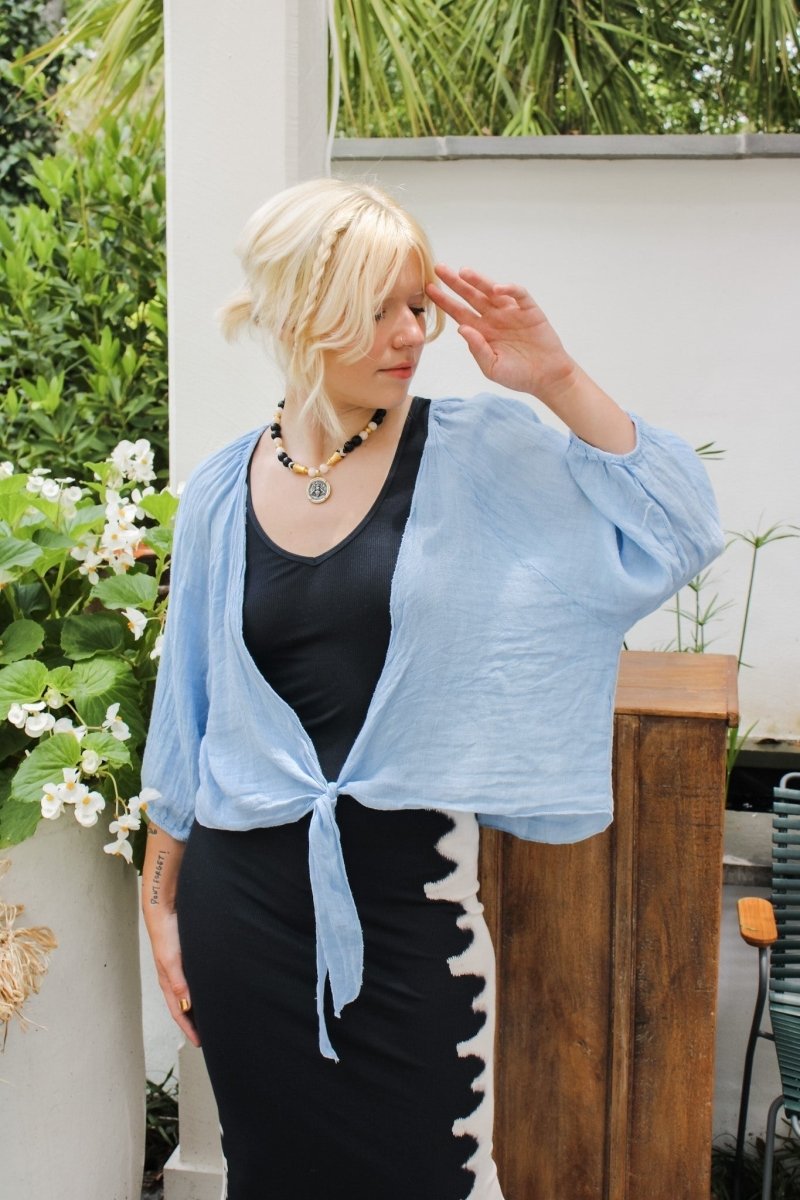 Linen wrap top 621286 100% linen: Sky bluela maison des fibres naturelles