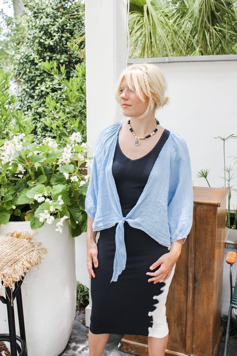 Linen wrap top 621286 100% linen: Sky bluela maison des fibres naturelles