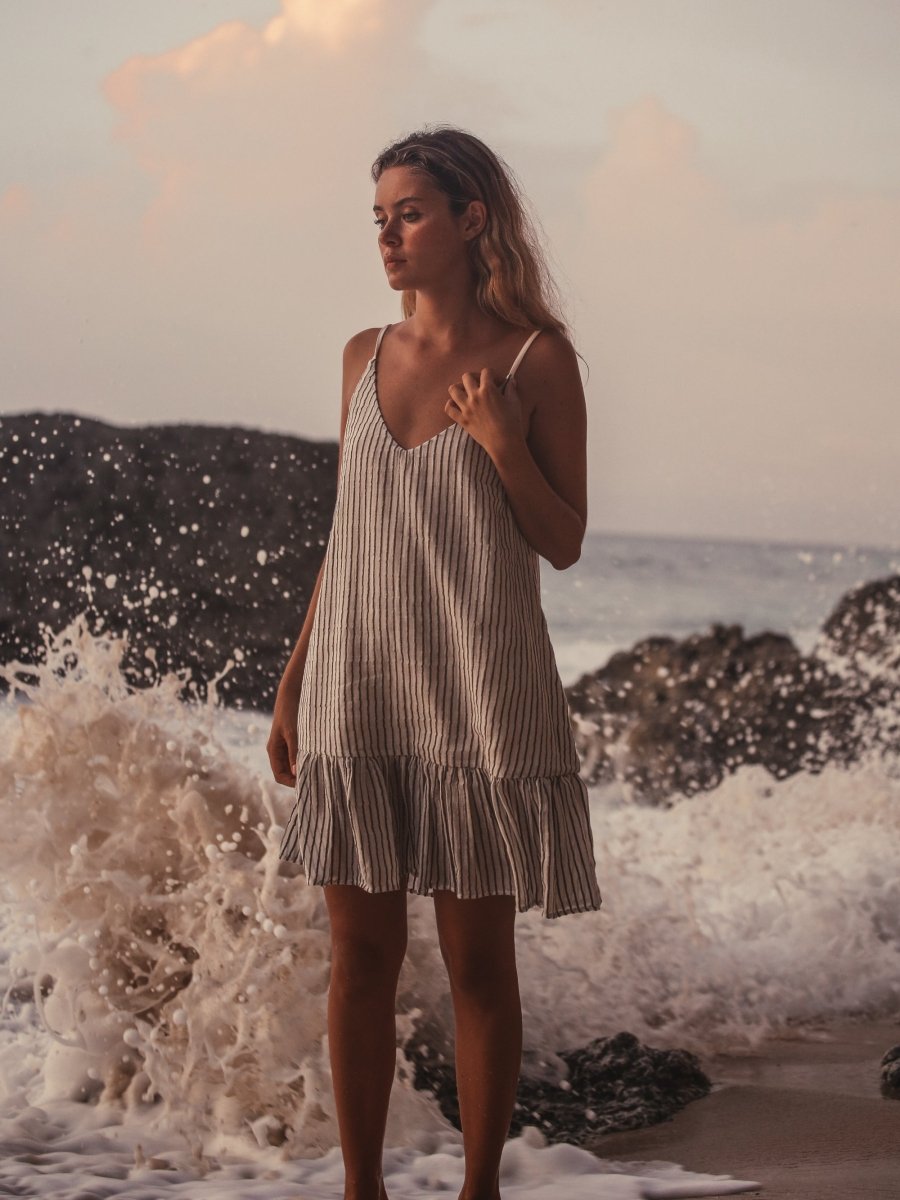 Liv Mini Ruffle Dress - Black StripesThe HandloomDress