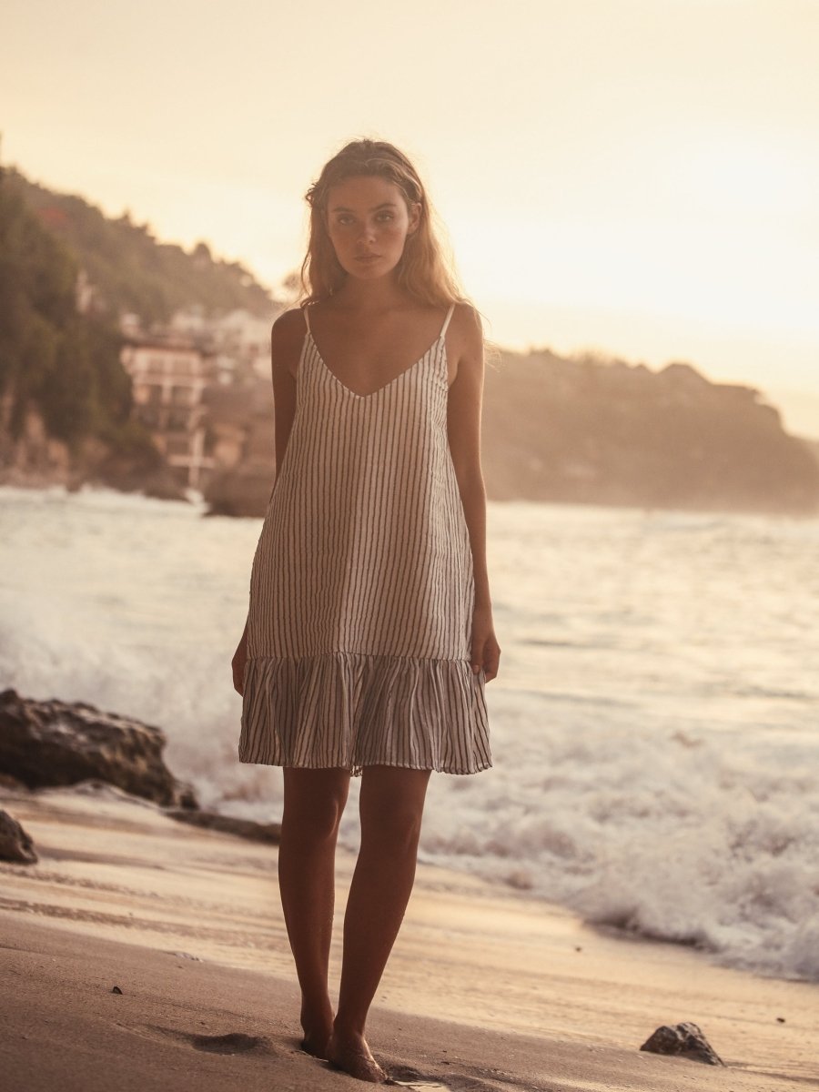 Liv Mini Ruffle Dress - Black StripesThe HandloomDress