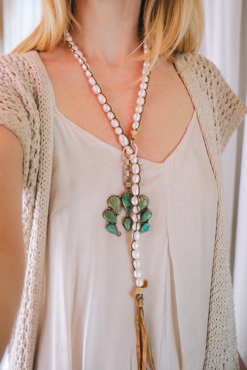 Long Adjustable Pearl Necklace w Turquoise Squash BlossomMelody Vintage JewelryNecklace