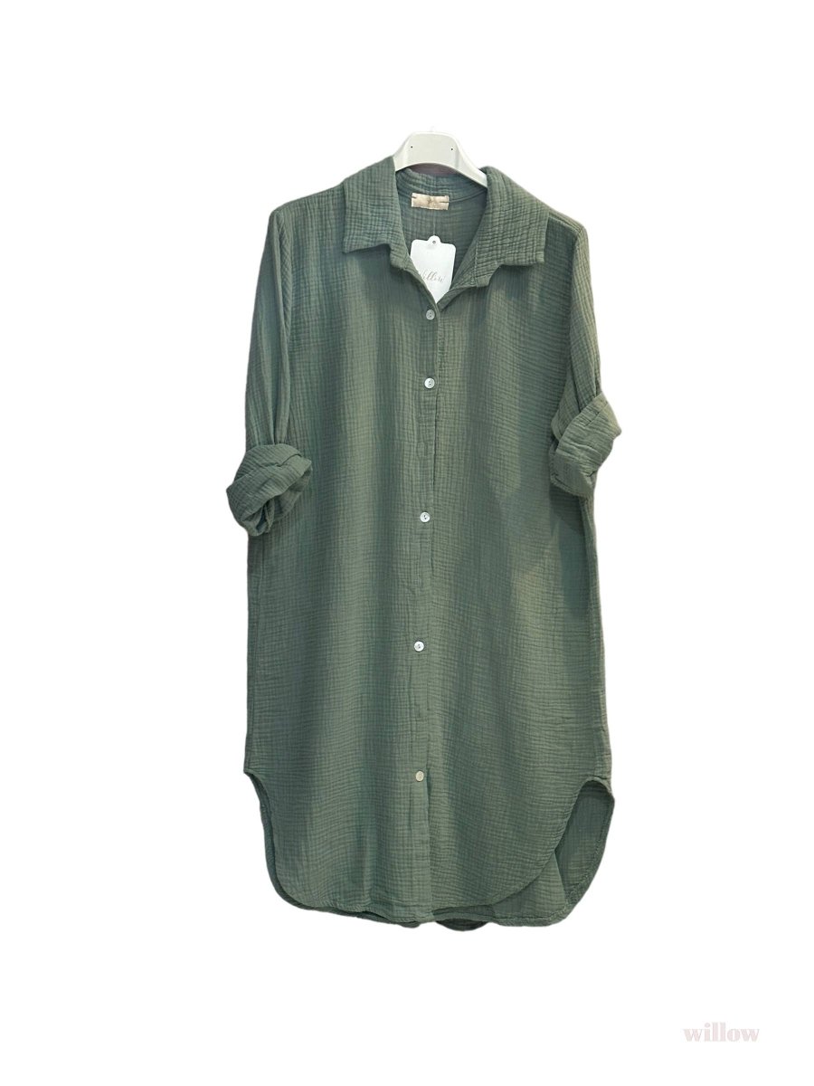 Long sleeve cotton gauze slit shirt dress: KhakiMOONSUNDRESS