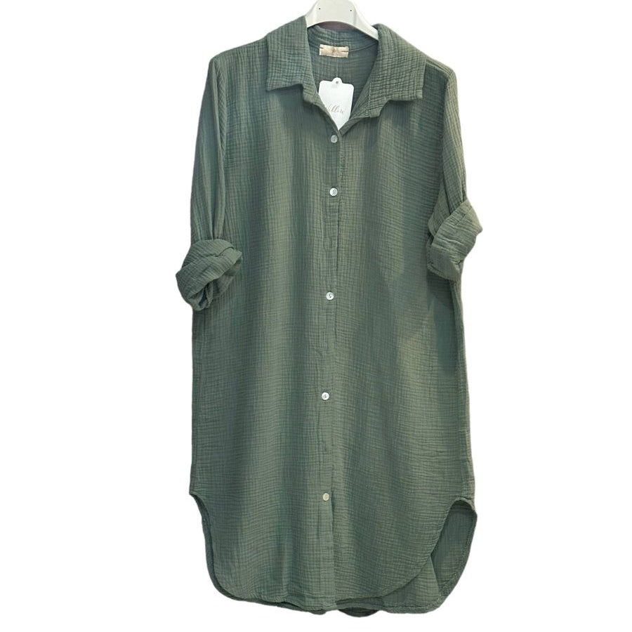 Long sleeve cotton gauze slit shirt dress: KhakiMOONSUNDRESS