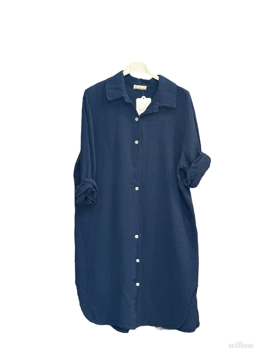 Long sleeve cotton gauze slit shirt dress: NavyMOONSUNDRESS