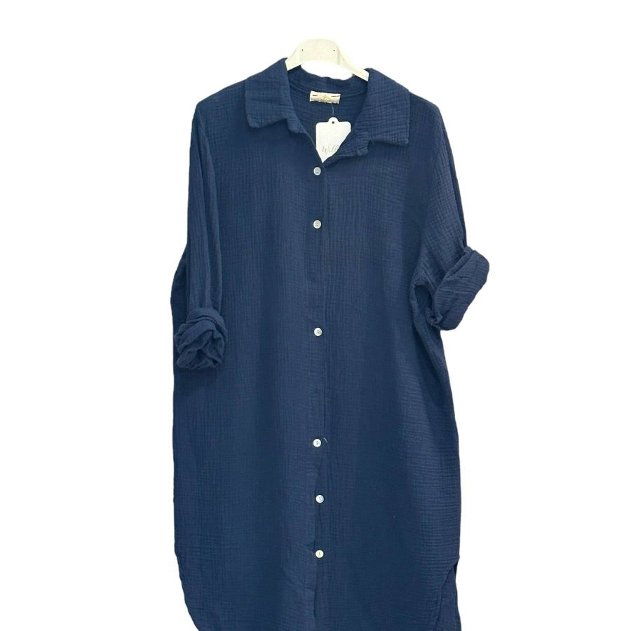 Long sleeve cotton gauze slit shirt dress: NavyMOONSUNDRESS