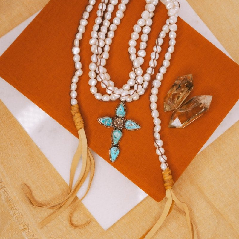 Long White Pearl Scarf Necklace w Turquoise Cross PendantMelody Vintage JewelryNecklace