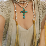 Long White Pearl Scarf Necklace w Turquoise Cross PendantMelody Vintage JewelryNecklace