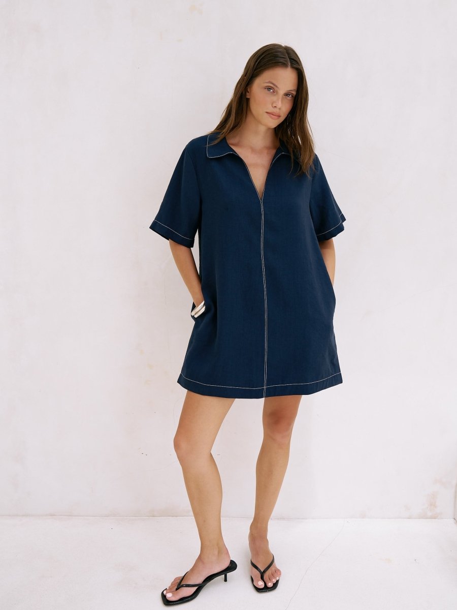 Mae Popover Mini Dress - NavyThe HandloomDress