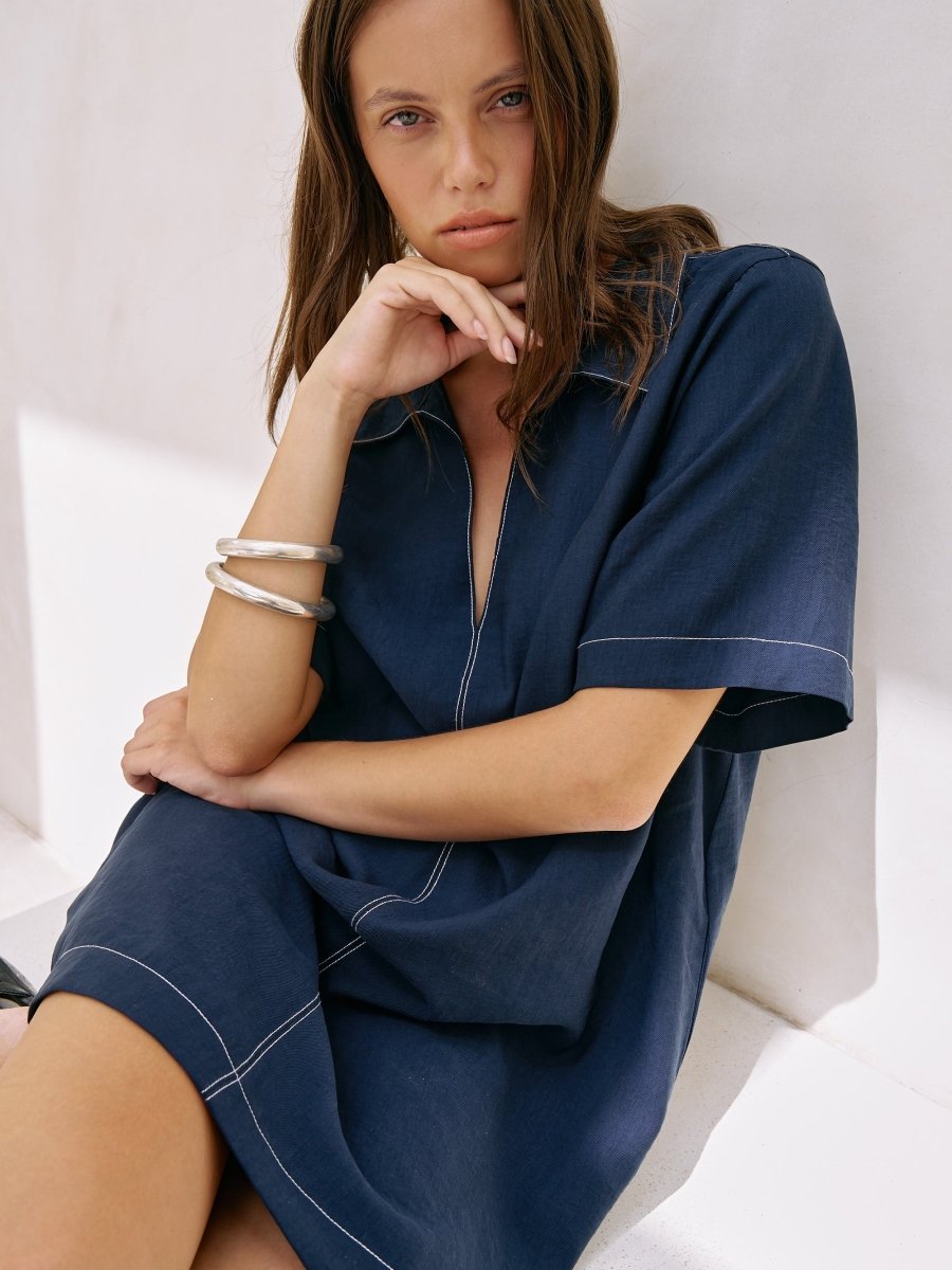 Mae Popover Mini Dress - NavyThe HandloomDress