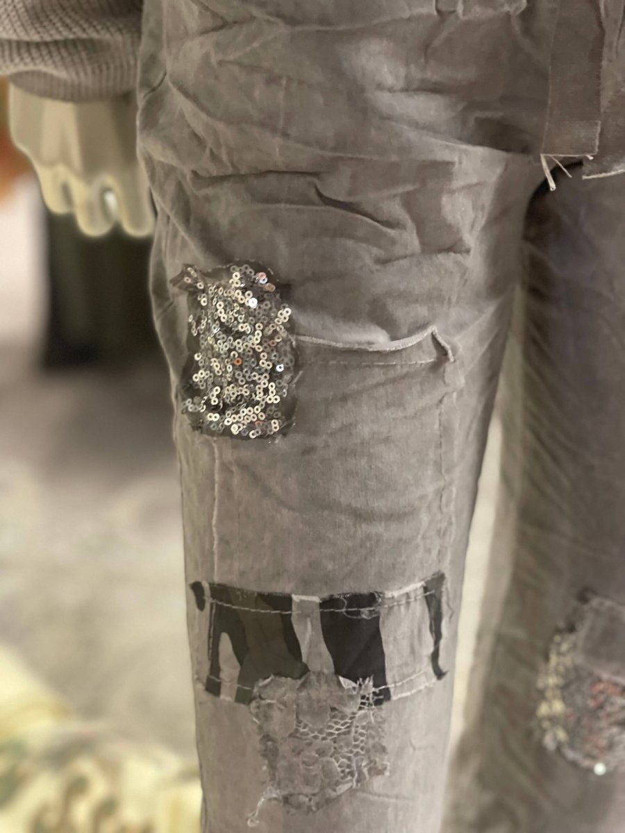 Magic Pants with Sequin & Patchwork Embellishment: GrayLeParisPetit by I Love Linenpants