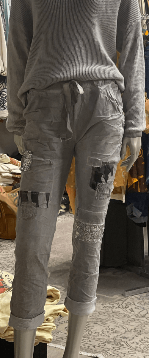 Magic Pants with Sequin & Patchwork Embellishment: GrayLeParisPetit by I Love Linenpants