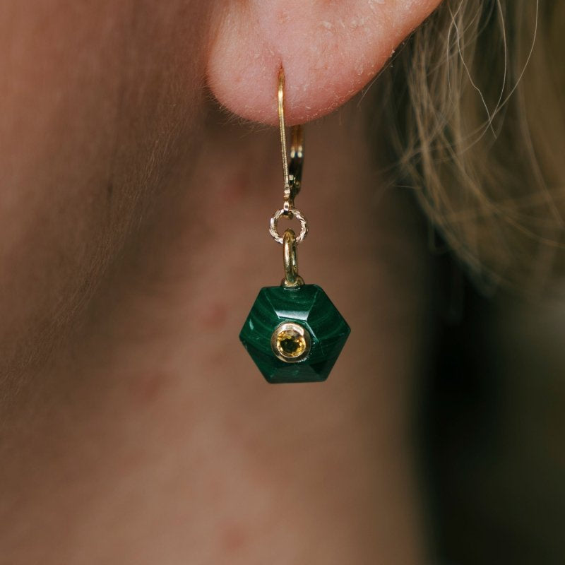 Malachite Hexagon With Citrine Center Leverback EarringsBeth ZinkEARRINGS