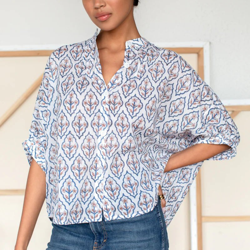 Mandarin Collar Top - Blue Portrait FloralEmerson FryTOPS