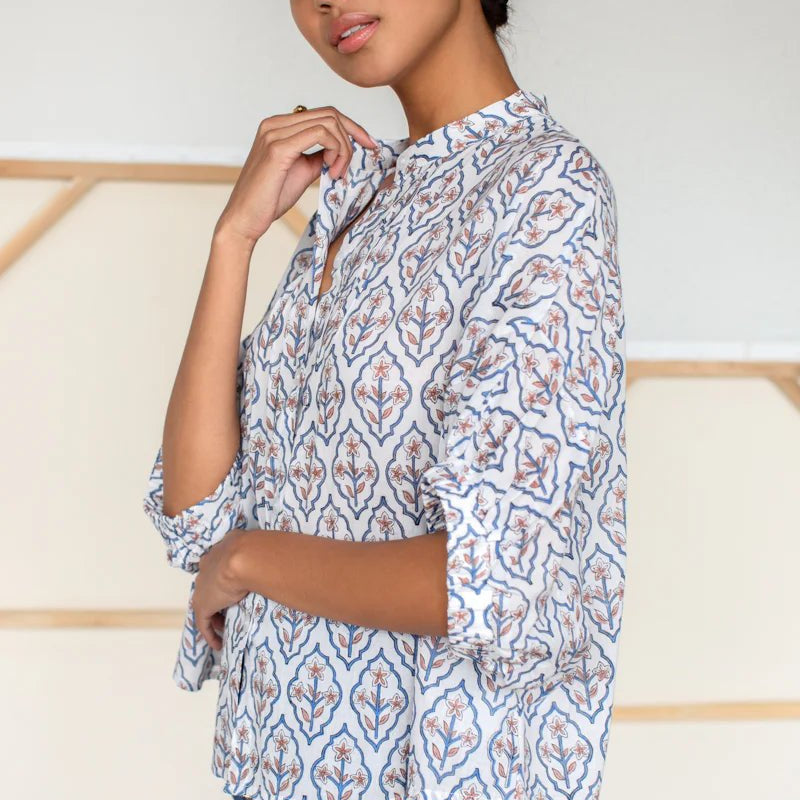 Mandarin Collar Top - Blue Portrait FloralEmerson FryTOPS