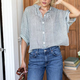 Mandarin Collar Top - Blue Portrait Floral/Moss StripeEmerson FryTOPS