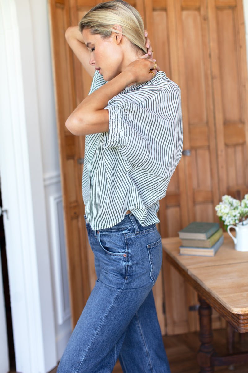 Mandarin Collar Top - Blue Portrait Floral/Moss StripeEmerson FryTOPS