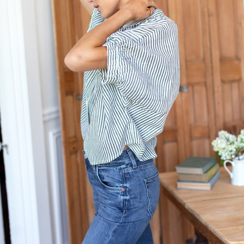 Mandarin Collar Top - Blue Portrait Floral/Moss StripeEmerson FryTOPS