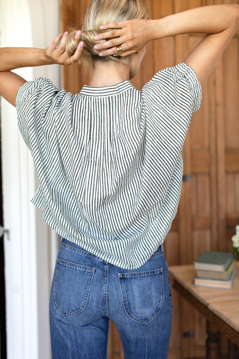 Mandarin Collar Top - Blue Portrait Floral/Moss StripeEmerson FryTOPS