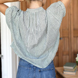 Mandarin Collar Top - Blue Portrait Floral/Moss StripeEmerson FryTOPS
