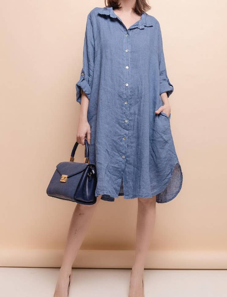 Mid - length buttoned shirt dress 100% linen: Azurela maison des fibres naturellesDRESS