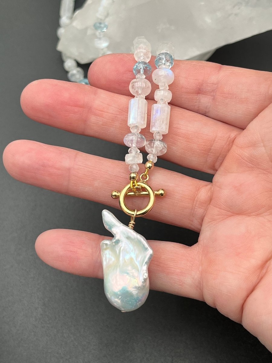 Moonstone, Blue Topaz & Fireball Pearl NecklaceBeth ZinkNECKLACES