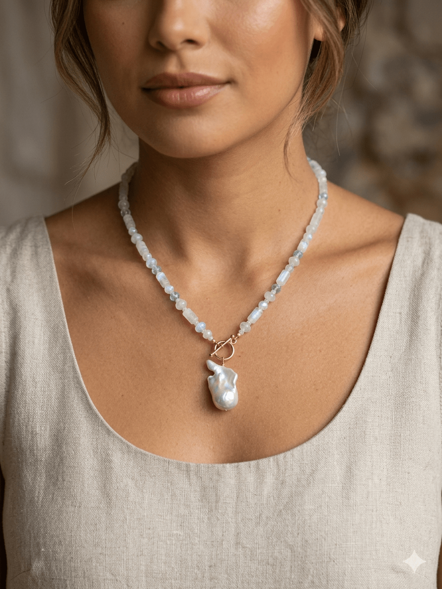 Moonstone, Blue Topaz & Fireball Pearl NecklaceBeth ZinkNECKLACES