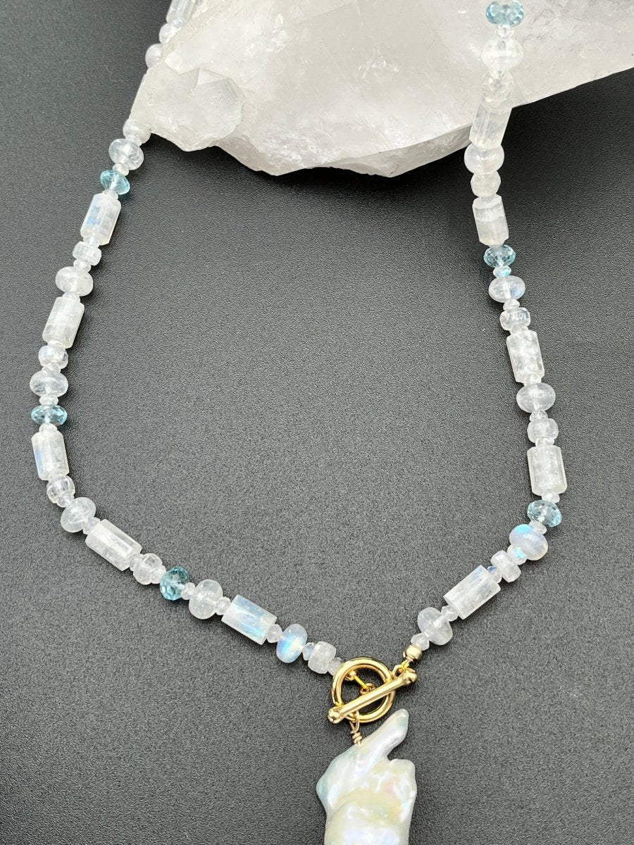 Moonstone, Blue Topaz & Fireball Pearl NecklaceBeth ZinkNECKLACES