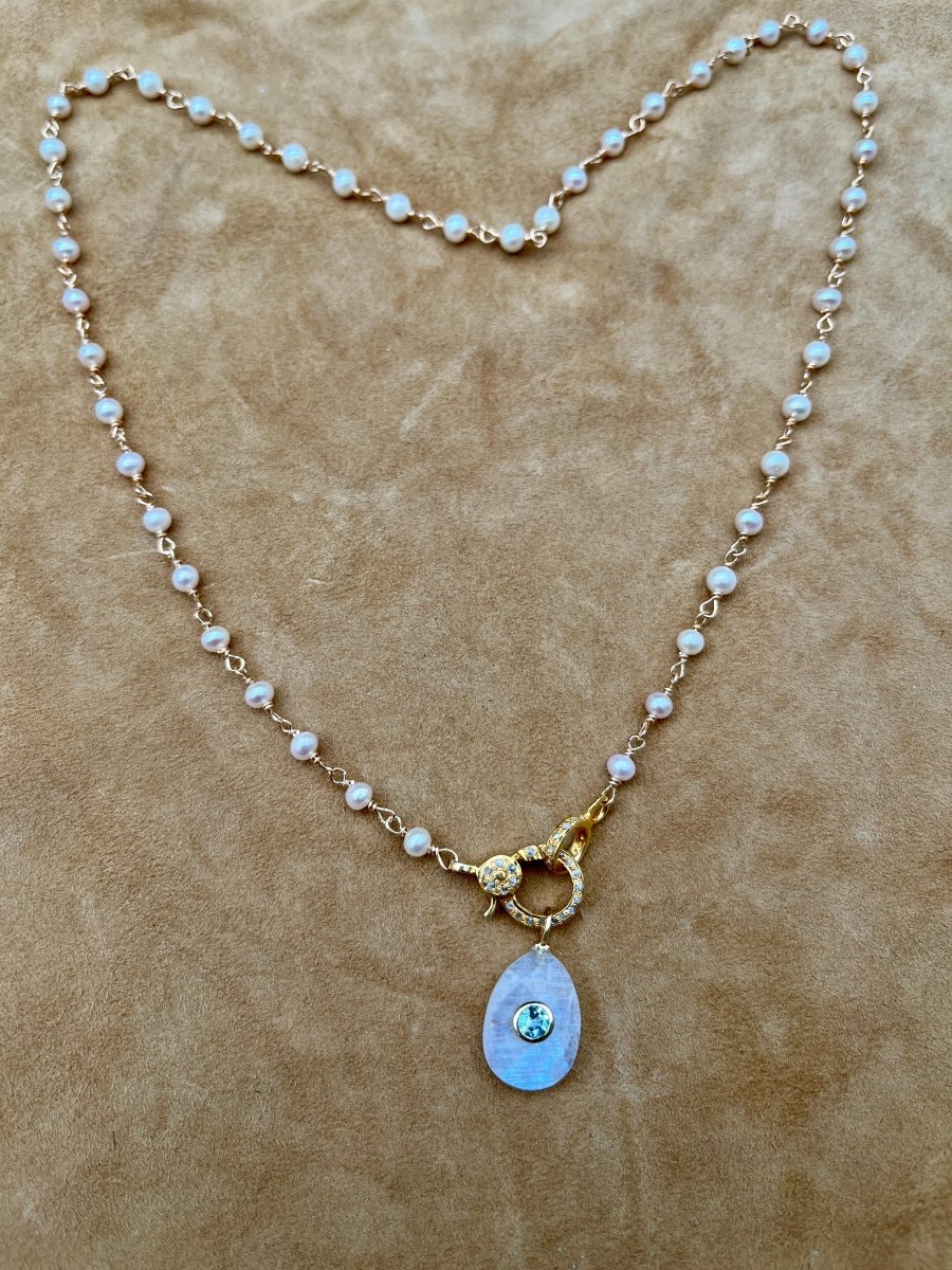 Moonstone + Blue Topaz Pendant on Freshwater Pearl NecklaceBeth ZinkNECKLACES