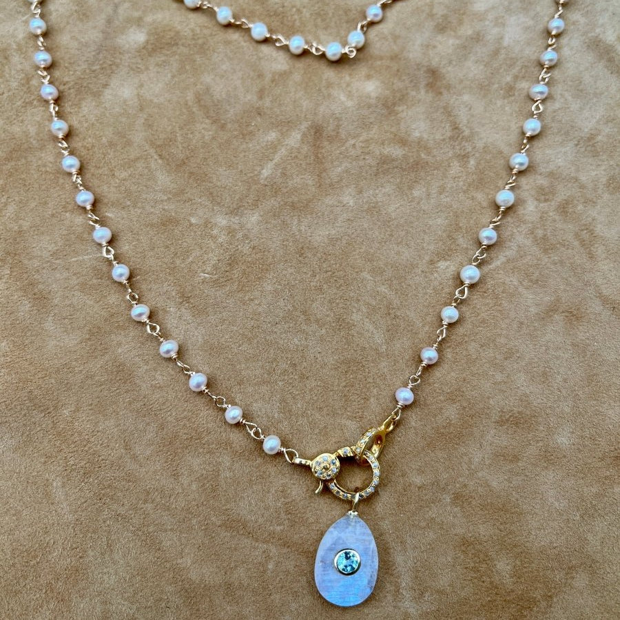 Moonstone + Blue Topaz Pendant on Freshwater Pearl NecklaceBeth ZinkNECKLACES