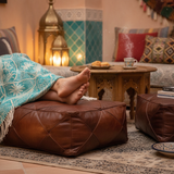 Moroccan Leather Floor Cushion / Ottoman - Mosaic - Lozenge - Brown