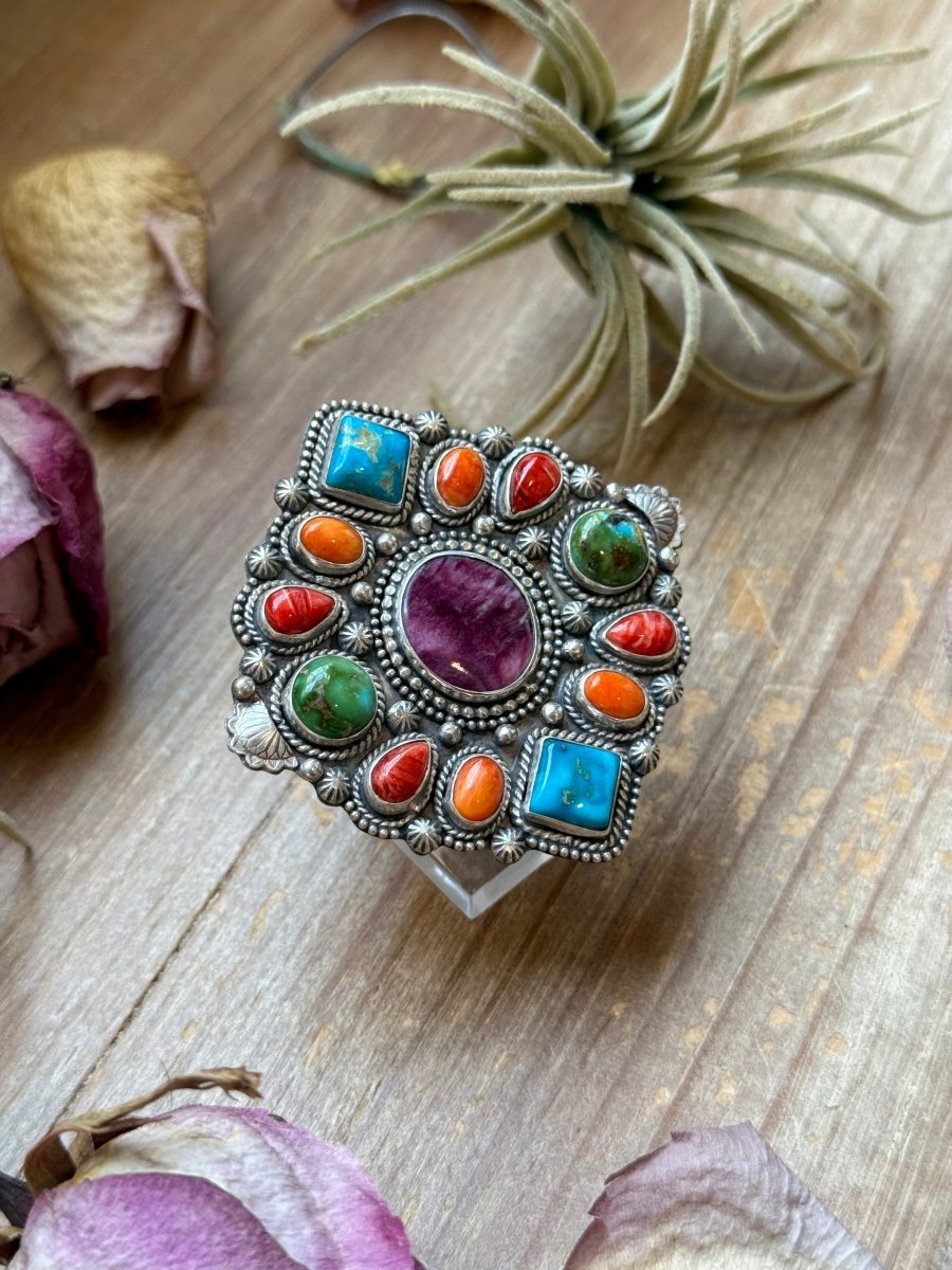 Mosaic Cluster Ring – Sonoran Mountain, Blue Ridge Turquoise & Spiny Oyster – Size 9 – Artist Shay PfeifferThe Bijoux FAB Jewelryring