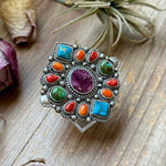 Mosaic Cluster Ring – Sonoran Mountain, Blue Ridge Turquoise & Spiny Oyster – Size 9 – Artist Shay PfeifferThe Bijoux FAB Jewelryring