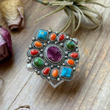 Mosaic Cluster Ring – Sonoran Mountain, Blue Ridge Turquoise & Spiny Oyster – Size 9 – Artist Shay PfeifferThe Bijoux FAB Jewelryring