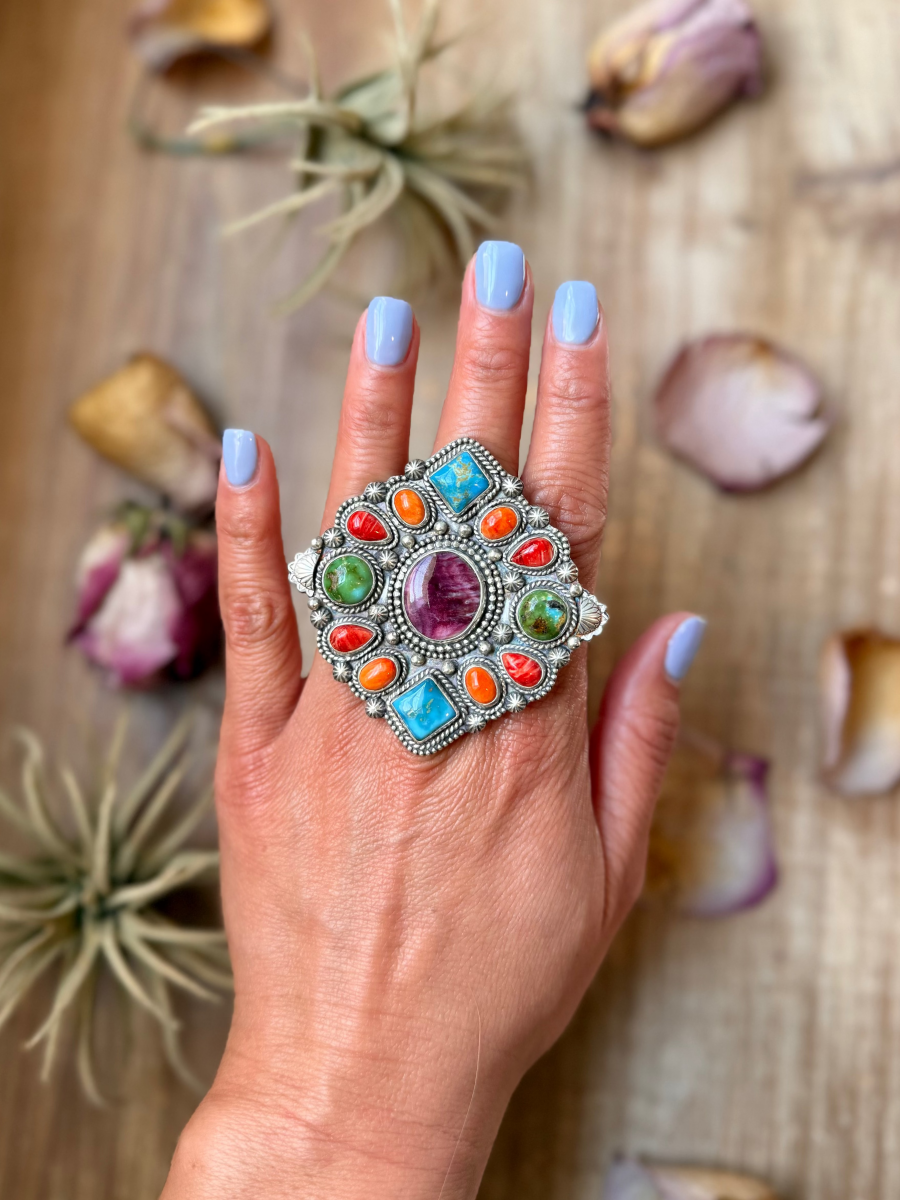Mosaic Cluster Ring – Sonoran Mountain, Blue Ridge Turquoise & Spiny Oyster – Size 9 – Artist Shay PfeifferThe Bijoux FAB Jewelryring