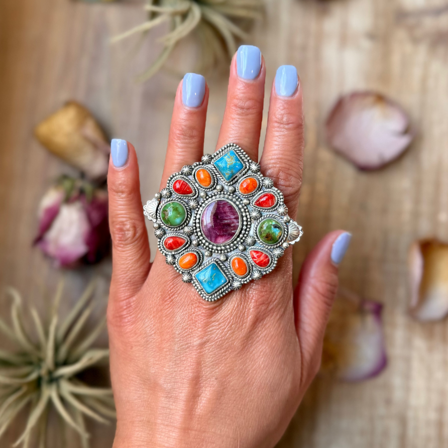 Mosaic Cluster Ring – Sonoran Mountain, Blue Ridge Turquoise & Spiny Oyster – Size 9 – Artist Shay PfeifferThe Bijoux FAB Jewelryring