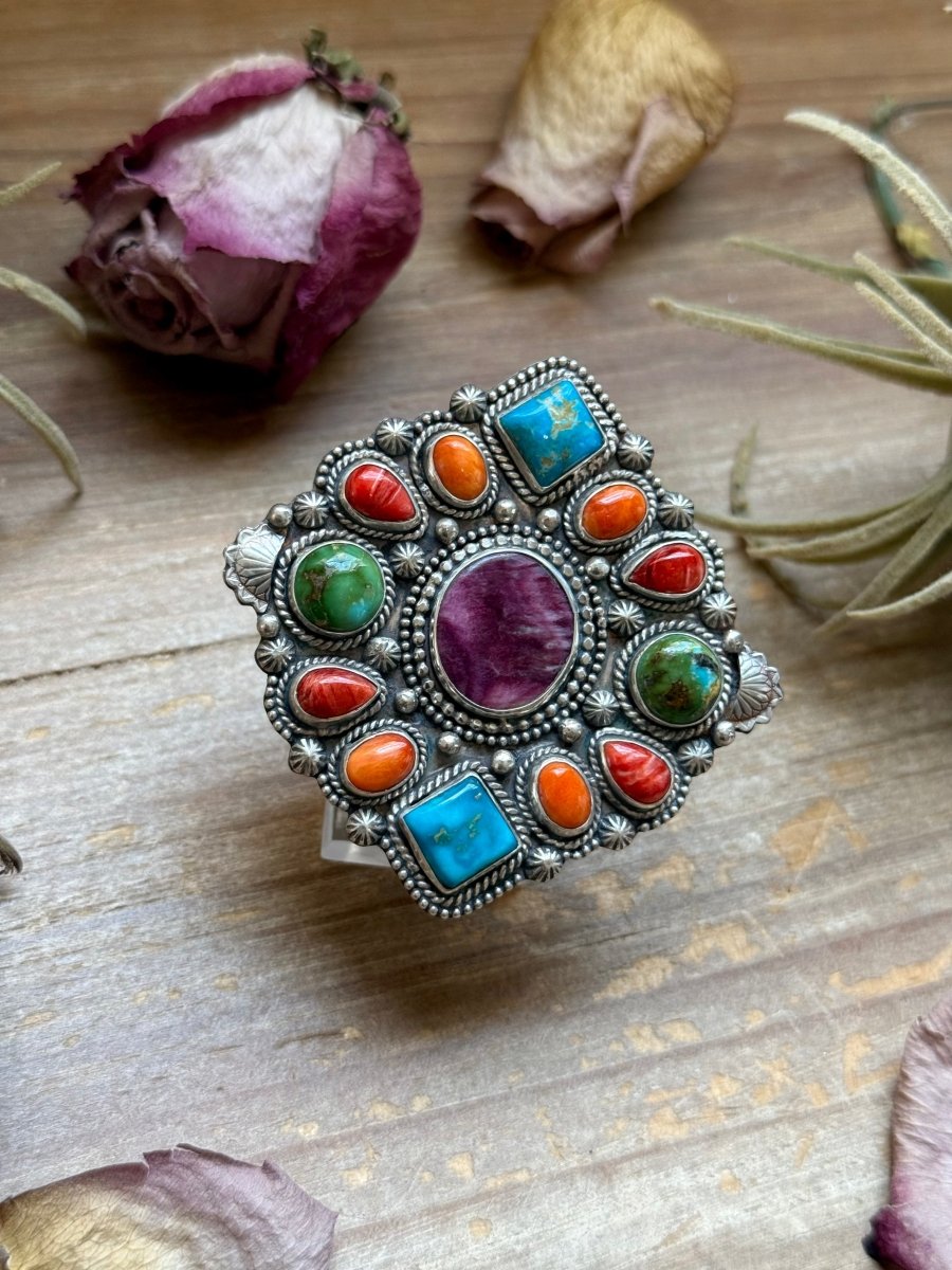 Mosaic Cluster Ring – Sonoran Mountain, Blue Ridge Turquoise & Spiny Oyster – Size 9 – Artist Shay PfeifferThe Bijoux FAB Jewelryring