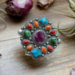 Mosaic Cluster Ring – Sonoran Mountain, Blue Ridge Turquoise & Spiny Oyster – Size 9 – Artist Shay PfeifferThe Bijoux FAB Jewelryring