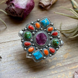 Mosaic Cluster Ring – Sonoran Mountain, Blue Ridge Turquoise & Spiny Oyster – Size 9 – Artist Shay PfeifferThe Bijoux FAB Jewelryring