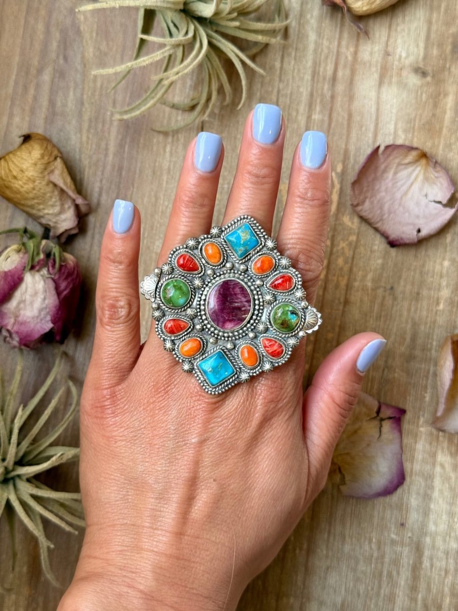 Mosaic Cluster Ring – Sonoran Mountain, Blue Ridge Turquoise & Spiny Oyster – Size 9 – Artist Shay PfeifferThe Bijoux FAB Jewelryring