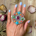 Mosaic Cluster Ring – Sonoran Mountain, Blue Ridge Turquoise & Spiny Oyster – Size 9 – Artist Shay PfeifferThe Bijoux FAB Jewelryring