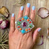 Mosaic Cluster Ring – Sonoran Mountain, Blue Ridge Turquoise & Spiny Oyster – Size 9 – Artist Shay PfeifferThe Bijoux FAB Jewelryring